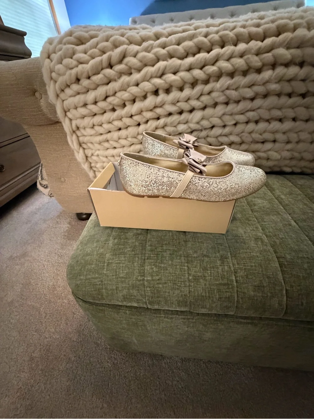 Michael Kors Girls Gold Glitter Bow Mary Jane Flats